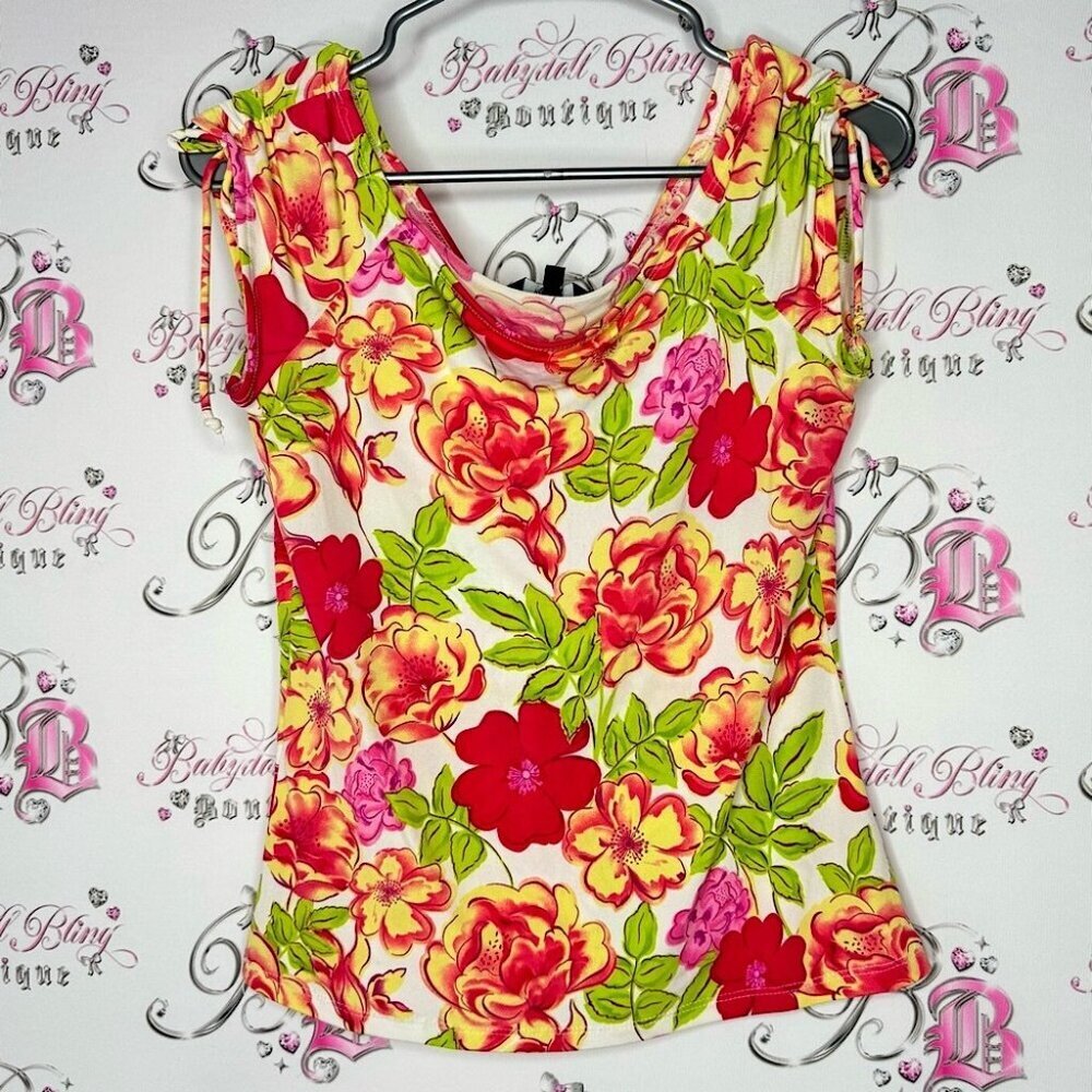 Reitmans top cinch tie sleeves bright flowers Floral Print shirt y2k neon